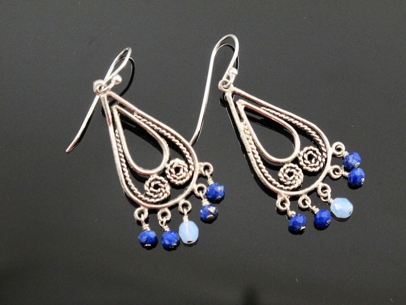 Blue Earrings Sterling Lapis and Czech Fire-Polish beads image 0