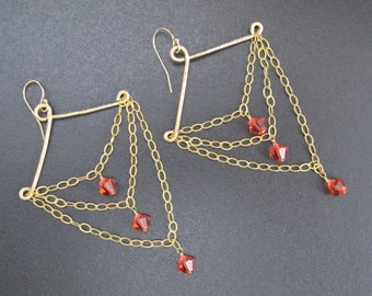 Earrings, Gold Filled Chandelier drop earrings with Swarovski Crystal Pink- Orange padparadscha