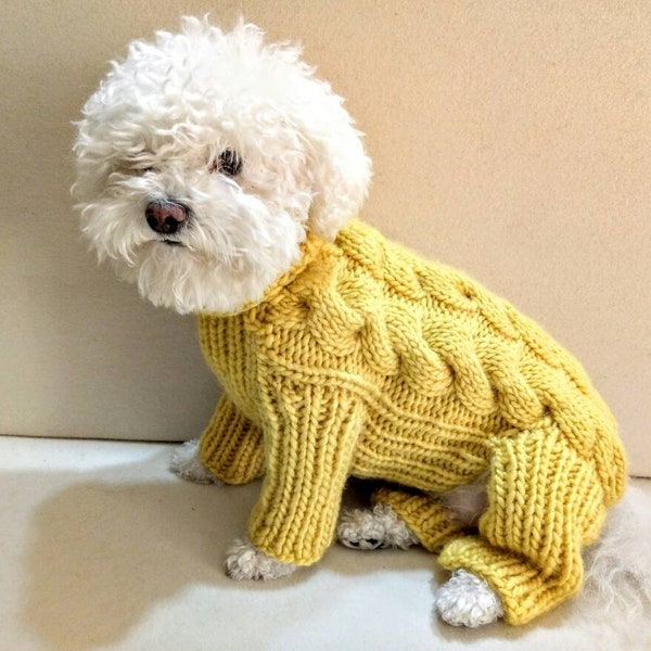 Dog onesie, Hand Knit Dog Overall, Yellow Dog Sweater, Dog clothes, Pet Clothing, Dog Pullover, Turtleneck Sweater, Cabled dog sweater