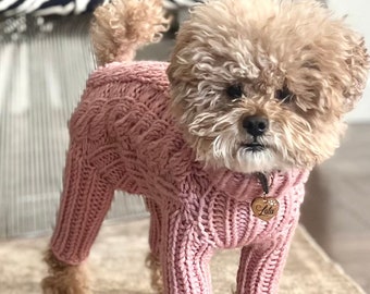 Cable Knit Dog Overall, Knitted Dog Sweater, Designer Dog clothes, Pet Clothing, Dog Top and Bottom, Gray Dog Pullover, Turtleneck Sweater