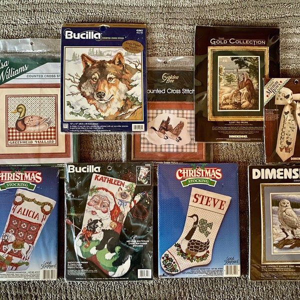 Cross Stitch Kit - Christmas Stockings - Dimensions  - Bucilla - Needlepoint Embroidery - Unopened - Duck, Geese, Wolf, Owl, Cat, Santa, Bow