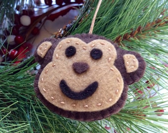Monkey Ornament, Jungle Birthday - Christmas Tree Decor - Felt Stuffed Baby Face Monkey - Stocking Stuffer Under 10 Dollar Gift, Sock Monkey