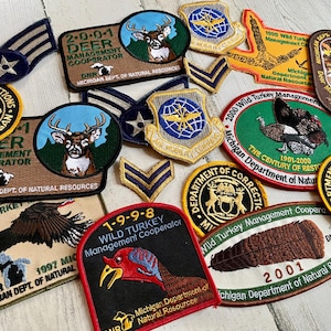 Vintage Michigan DNR Hunting Patches, Deer, Turkey, Military, Department of Corrections Michigan - WW2 Army Patches