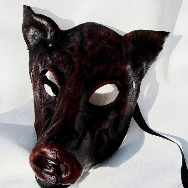 Masque de verrat costume en cuir brun GN renaissance théâtre fantastique porc cochon animal sauvage médiéval