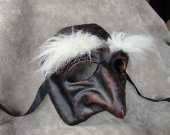 Pantalone mask dark leather handmade, Italian comedy, actor, theatre, fantasy , costume