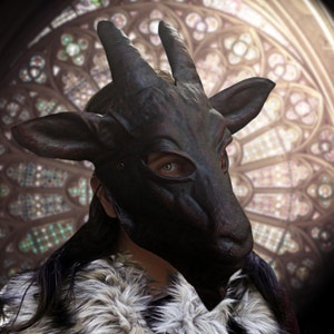 Goat mask handmade in brown leather horn costume cospaly larp renaissance wicca pagan magic burning man