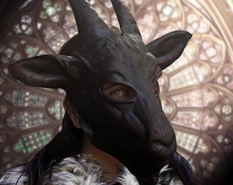 Goat mask handmade in black leather horn costume cospaly larp renaissance wicca pagan magic burning man