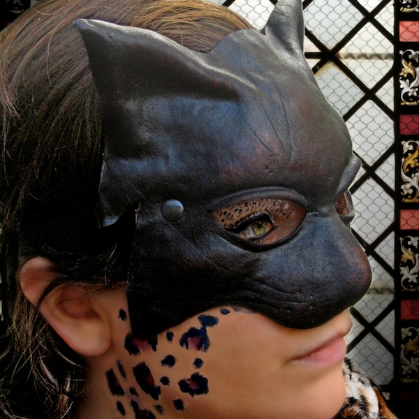 Masque de chat costume en cuir noir cosplay GN renaissance wicca païen magique théâtre fantastique panthère