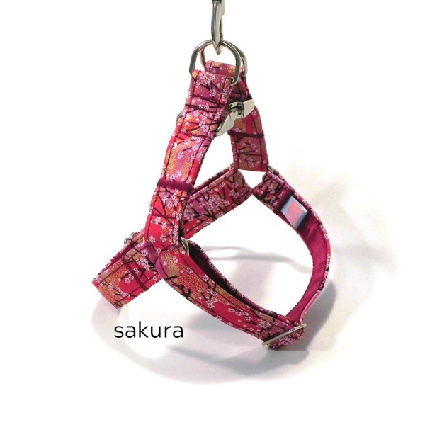 SAKURA Red Cherry Blossoms Dog Harness - Tailored to Perfection with Japanese Print Fabric. Easy to wear Step in Harness.