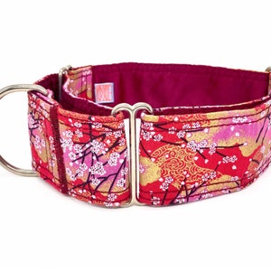 KomachiDog Red Floral Martingale Collar, Japanese Imported Fabric, Cherry Blossom in full bloom, Matching Leash, Greyhound, Galgo SAKURA