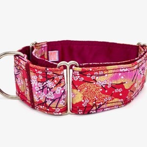 KomachiDog Red Floral Martingale Collar, Japanese Imported Fabric, Cherry Blossom in full bloom, Matching Leash, Greyhound, Galgo SAKURA