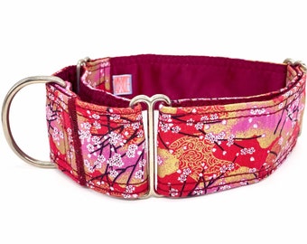 KomachiDog Red Floral Martingale Collar, Japanese Imported Fabric, Cherry Blossom in full bloom, Matching Leash, Greyhound, Galgo SAKURA