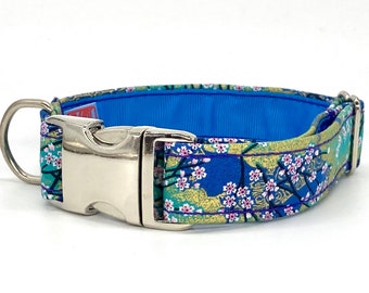 KomachiDog Blue Cherry Blossom Collare per cani, collare in tessuto giapponese in stile kimono, maschio o femmina, guinzaglio abbinato disponibile, YOZAKURA