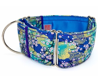 KomachiDog Martingale dog collar, Blue Kimono Style Japanese fabric, Elegant Blossom Design, Wide Range of Sizes, Matching Leash, YOZAKURA.