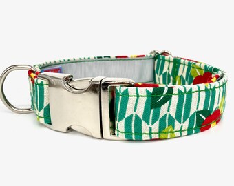 MOSHIO Japanese Good Luck Motif Dog Collar - Super Cute Jade Green Arrows, Red and White Camellia, Unique and Elegant - Made in Europe