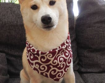 Wine red dog bandana made from Japanese Karakusa cotton fabric, Shiba Inu hanky