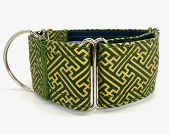 Saya, Japanese Saya-Gata pattern print martingale dog collar, Green and Gold Maryingale, Matching leash. Handmade in Spain