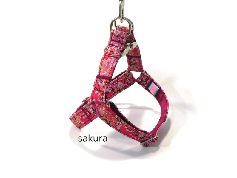 SAKURA Red Cherry Blossoms Dog Harness Tailored to Perfection with Japanese Print Fabric. Easy to wear Step in Harness. image 1