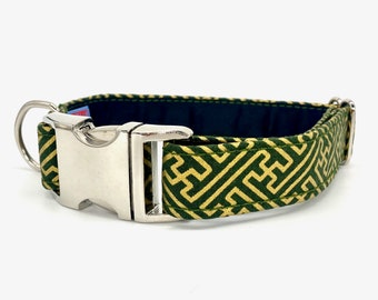 SAYA, Green Japanese Dog collar with traditional Japanese pattern Saya-Gata, Elegant and Sophisticated dog collar with solid metal buckle.