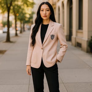 May include: A light pink blazer with a black emblem on the left chest, paired with black pants. The blazer has two front pockets and a single-button closure. The person is standing on a sidewalk with trees and buildings in the background.