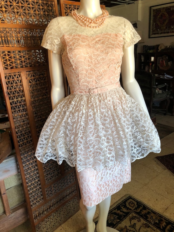 1950s Peach Lace Dress with a Scallop Layered Skirt