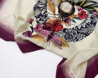 Purple Silk Scarf 'Akkadian' large Silk Scarf with floral and butterfly illustrations