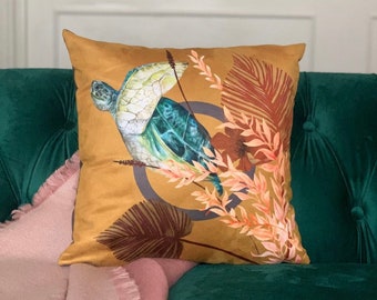 Golden Yellow cushion 'Glide' Vegan friendly Suede cushion with watercolour turtle design