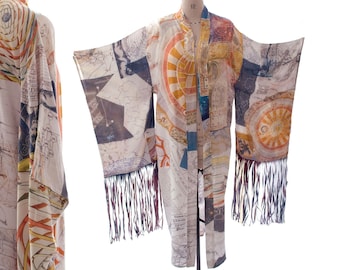 Silk Kimono jacket in traditional style, vibrant 'Fate' print with tie-dye tassel sleeves. Unique, one off, boho statement piece