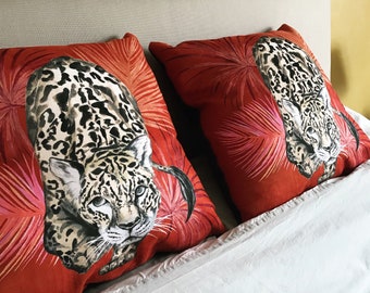 Orange Cushion with palm leaves and stalking leopard design 'Prowl' Vegan Suede fabric