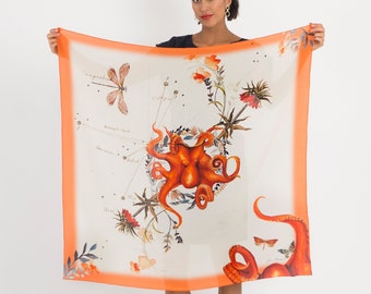 Orange Silk Scarf 'Oracle Silk' is Hand-painted, square Silk Scarf from the Evolution Collection by Alice Acreman silks