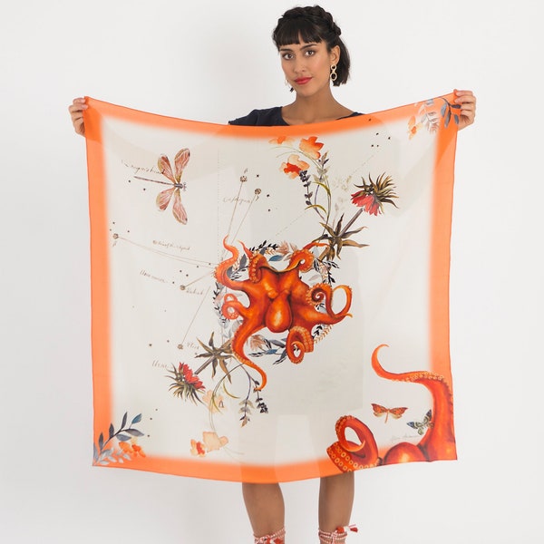 Orange Silk Scarf 'Oracle Silk' is Hand-painted, square Silk Scarf from the Evolution Collection by Alice Acreman silks