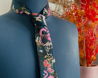 Navy Blue Silk Tie, with pink Serpent design and tropical flowers-  'Enticement' design