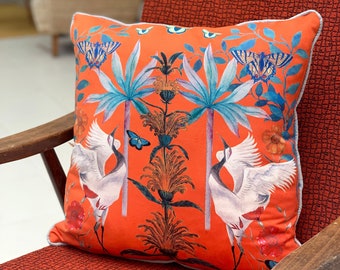 Bright orange watercolour art Cushion 'Tangelo' double sided design, made from Vegan friendly Suede