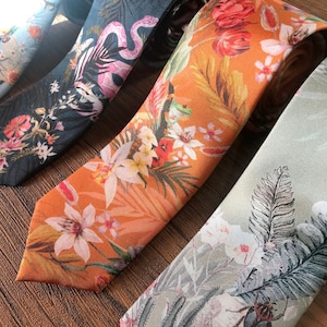 Rust tropical silk tie in &#39;Eden&#39; floral print, perfect groomsmen orange tie