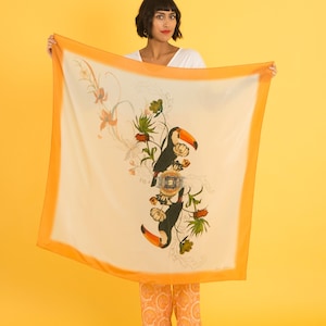 Orange &#39;Toucan&#39; square Silk Scarf from the Evolution Collection with floral and bird illustration
