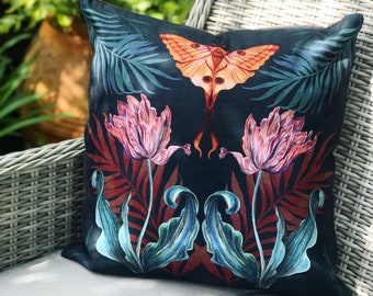 Butterfly Cushion in Indigo with tulip and Moon Moth illustration  'Flutter'