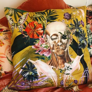 Large Yellow Cushion with striking Watercolour skull design &#39;Boto Cushion&#39; in Vegan friendly Suede 55x55cm