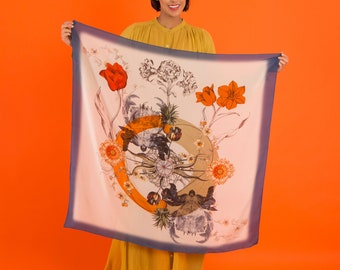 Large square Silk Scarf with blue boarder, 'Crustacean Silk' crab and tulip design