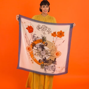 Large square Silk Scarf with blue boarder, &#39;Crustacean Silk&#39; crab and tulip design