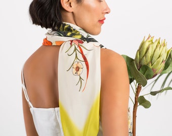 Large square Silk Scarf, 'Tropic Silk' botanical illustration with lime green boarder