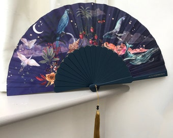 Blue Silk and wooden Fan with 'Wonderous' hand-painted starry scene and gold tassel