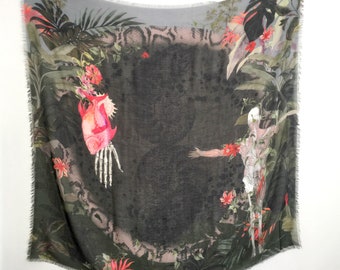 Tropical print  Silk mix scarf with feathered hem- "Entwined"