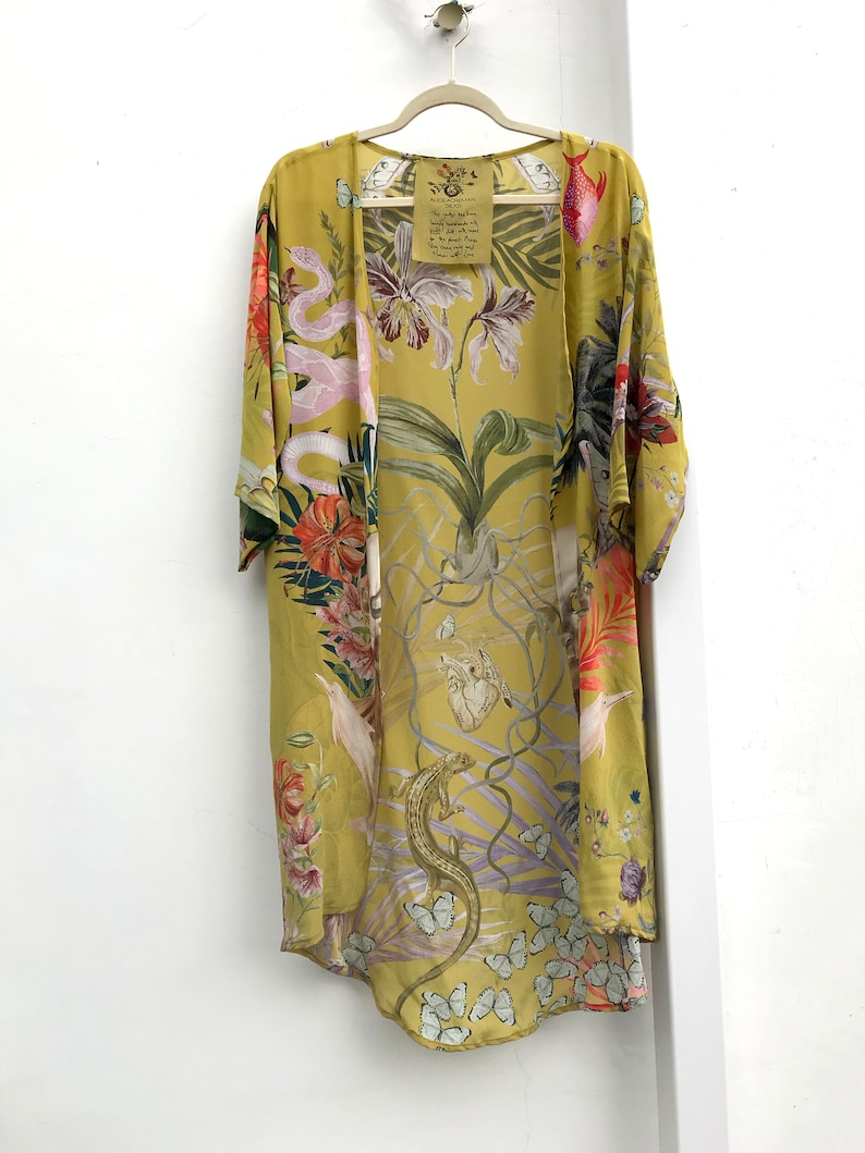 Silk Kimono Jacket in Chatruese yellow 'Enticement' print size L/XL handmade and unique illustrations luxury lounging or evening wear image 5