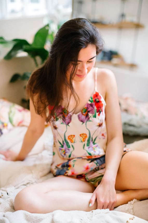 Silk Cami and Shorts Pyjama Set in 'eden' Tropical Meadow Print