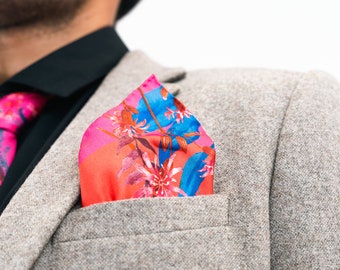 Fuchsia pink Silk Pocket Square in botanical and butterfly 'Nectar' print