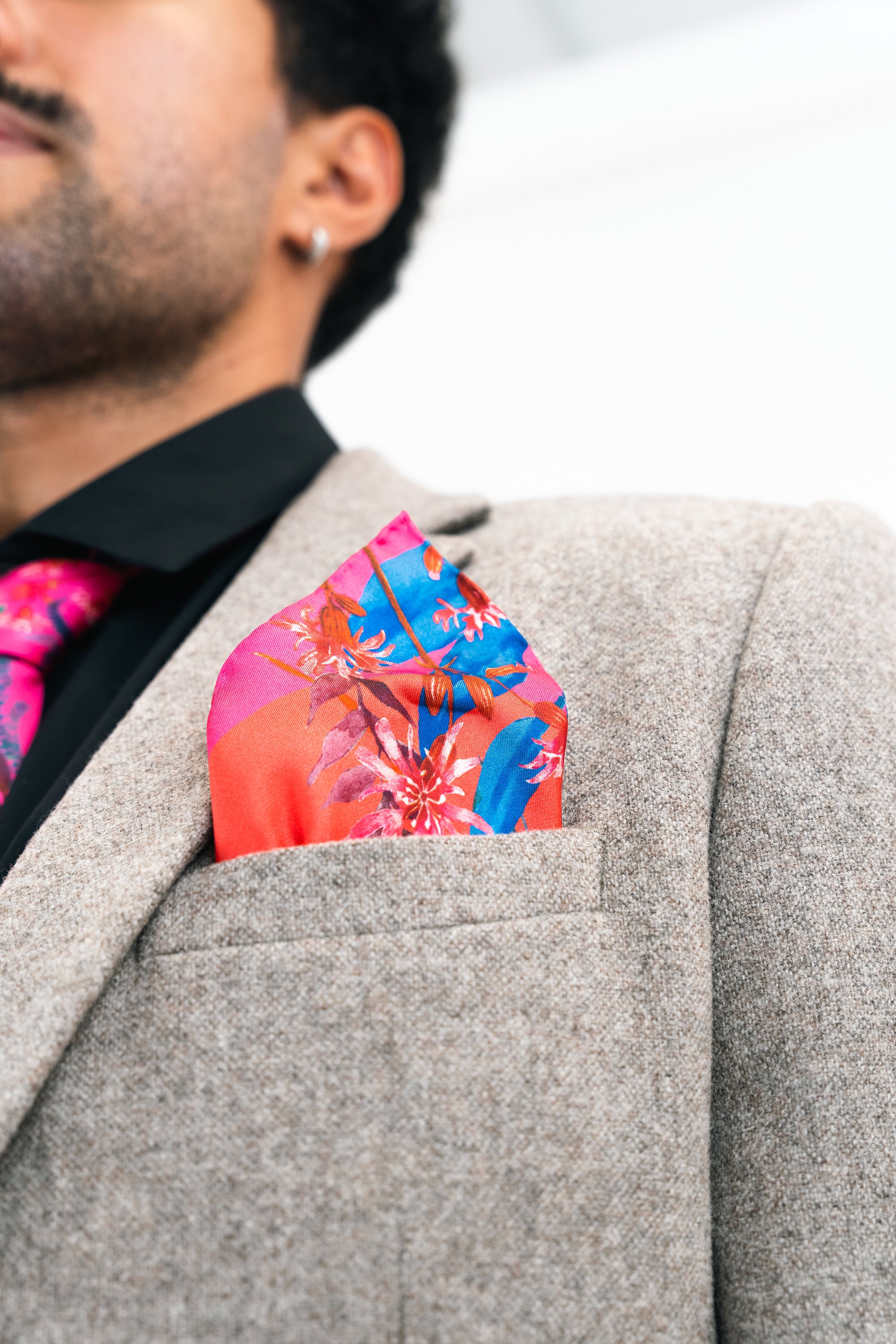 Fuchsia Pink Silk Pocket Square in Botanical & Butterfly