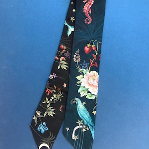 Navy &#39;Skinny&#39; Silk scarf in the botanical  &#39;Wonderous&#39; Print, delicate, lightweight scarf accessory