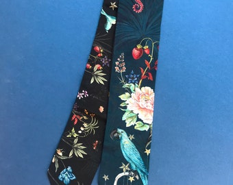 Navy 'Skinny' Silk scarf in the botanical  'Wonderous' Print, delicate, lightweight scarf accessory
