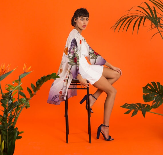 Luxury Silk Kimono Jacket in size S/M, handmade with unique botanical illustrations 'Evolution' print