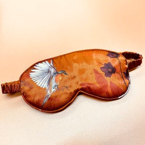 Silk eye mask in copper colour 'wild' floral design with flying robin image 1